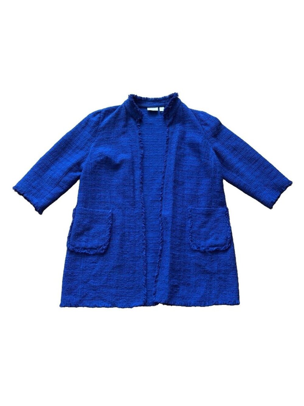 Chico's Royal Blue Cotton Open Knit Jacket Size 3 16 US Fringe Hem 3/4 Sleeve